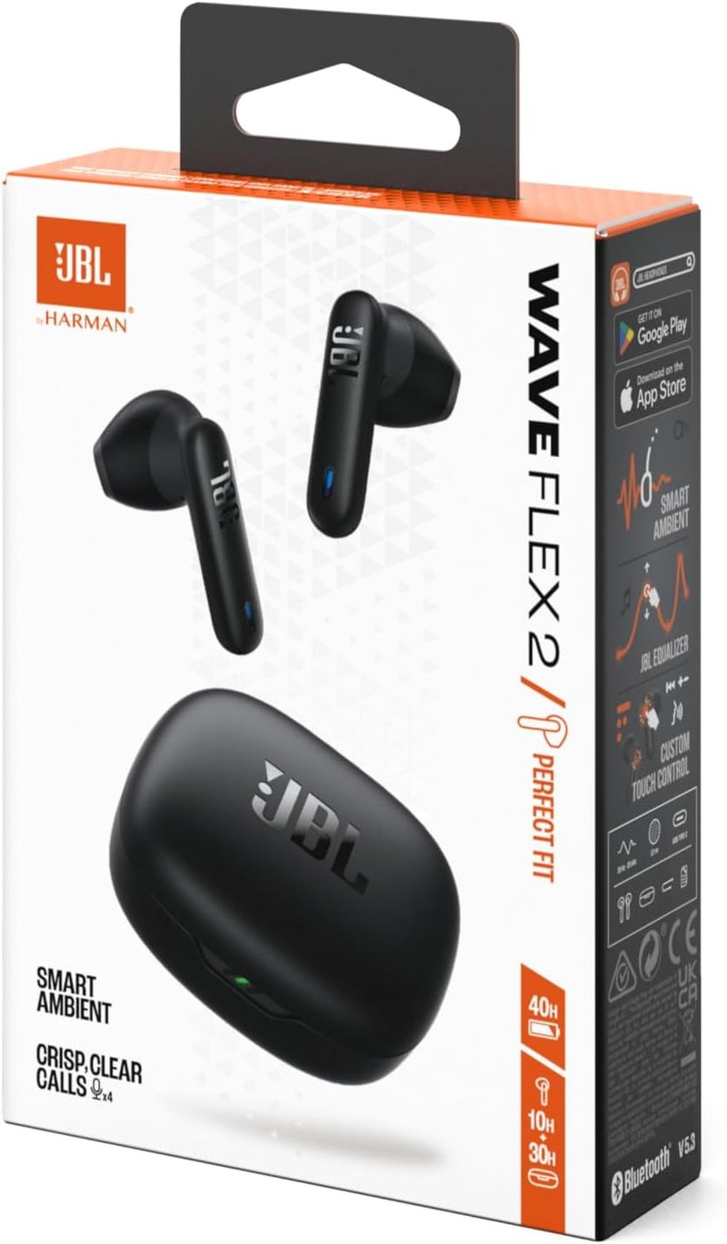 JBL Wave Flex 2 Bluetooth fülhallgató 40 órás akkumulátor, IP54 vízálló, multipoint - black, JBL Wave Flex 2