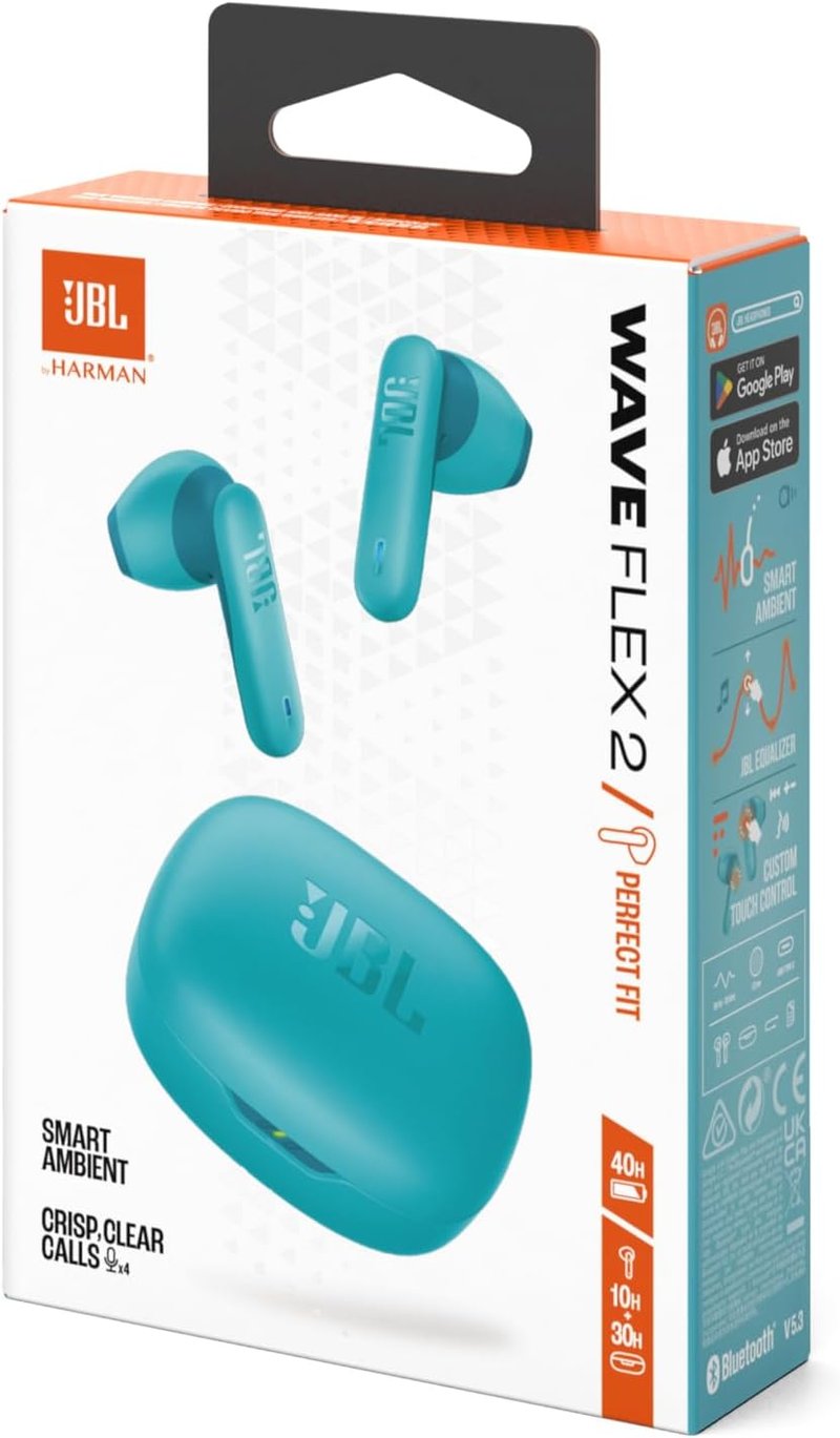 JBL Wave Flex 2 Bluetooth fülhallgató 40 órás játszási idővel, IP54 vízálló, kék - blue, JBL Wave Flex 2