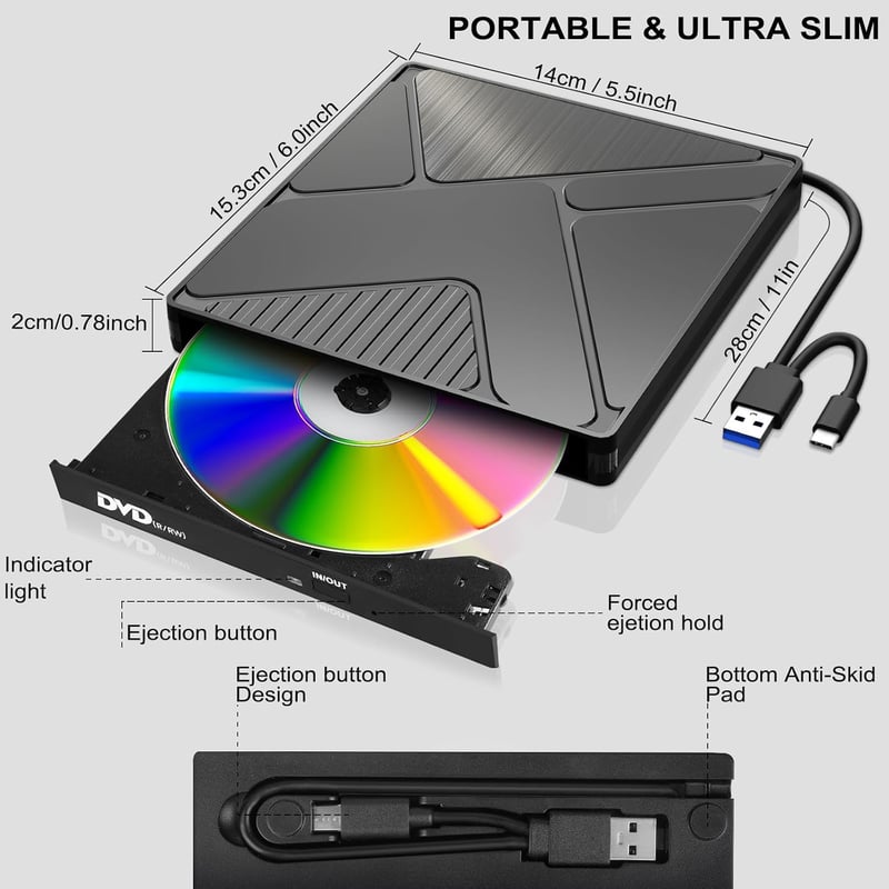 JBonest külső CD DVD meghajtó USB 3.0 Type-C, hordozható író +/-RW, laptophoz asztalihoz MacBookhoz Windows Linux Mac OS