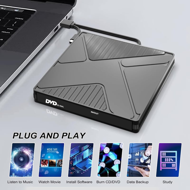 JBonest külső CD DVD meghajtó USB 3.0 Type-C, hordozható író +/-RW, laptophoz asztalihoz MacBookhoz Windows Linux Mac OS
