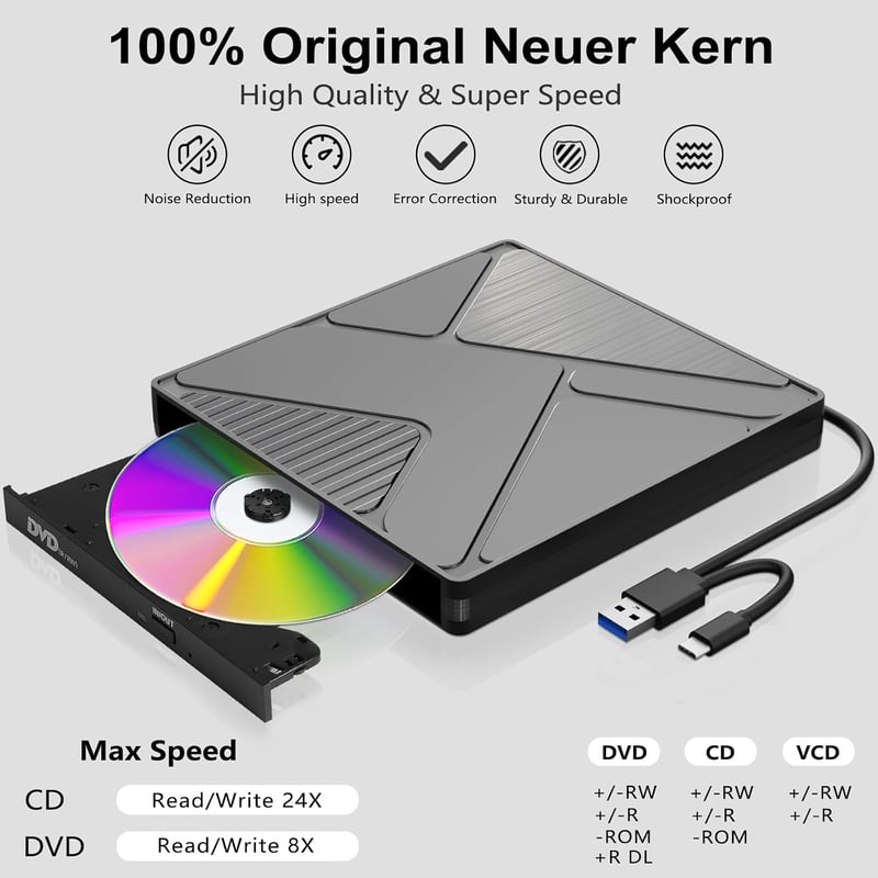 JBonest külső CD DVD meghajtó USB 3.0 Type-C, hordozható író +/-RW, laptophoz asztalihoz MacBookhoz Windows Linux Mac OS