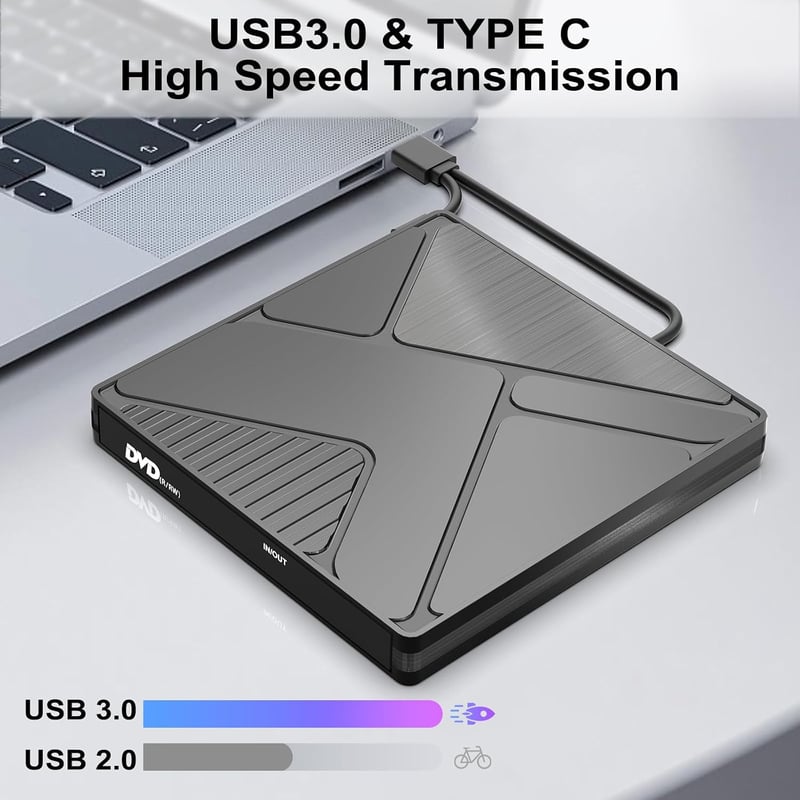 JBonest külső CD DVD meghajtó USB 3.0 Type-C, hordozható író +/-RW, laptophoz asztalihoz MacBookhoz Windows Linux Mac OS