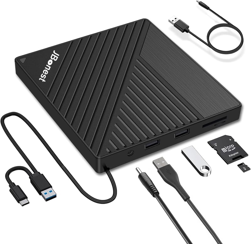 JBonest USB 3.0 külső DVD/CD meghajtó Type-C, SD/TF kártyaolvasó, hordozható írható