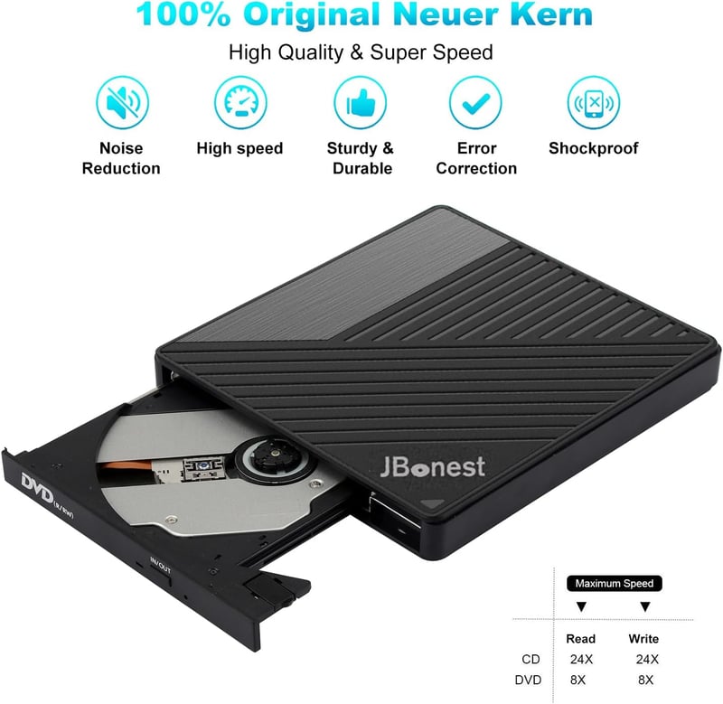 JBonest USB 3.0 külső DVD/CD meghajtó Type-C, SD/TF kártyaolvasó, hordozható írható
