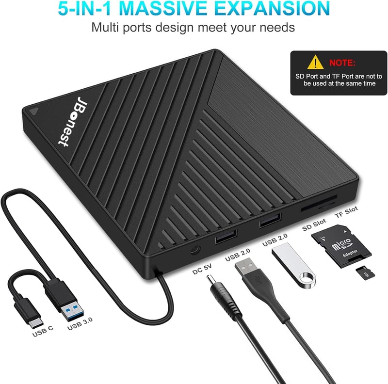 JBonest USB 3.0 külső DVD/CD meghajtó Type-C, SD/TF kártyaolvasó, hordozható írható