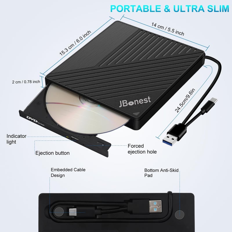 JBonest USB 3.0 külső DVD/CD meghajtó Type-C, SD/TF kártyaolvasó, hordozható írható