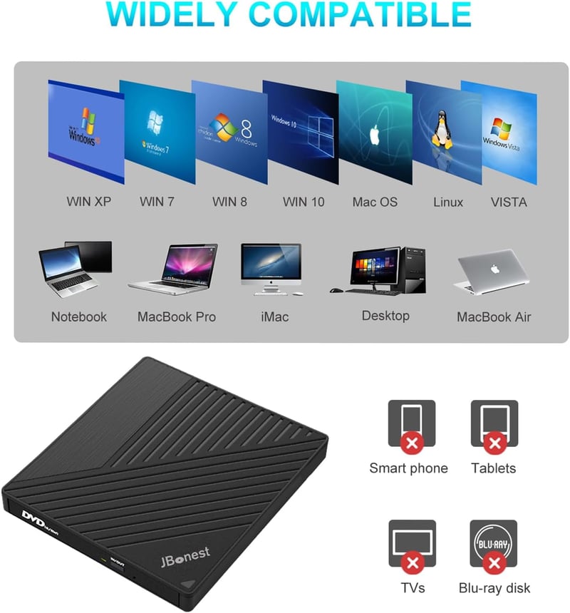 JBonest USB 3.0 külső DVD/CD meghajtó Type-C, SD/TF kártyaolvasó, hordozható írható