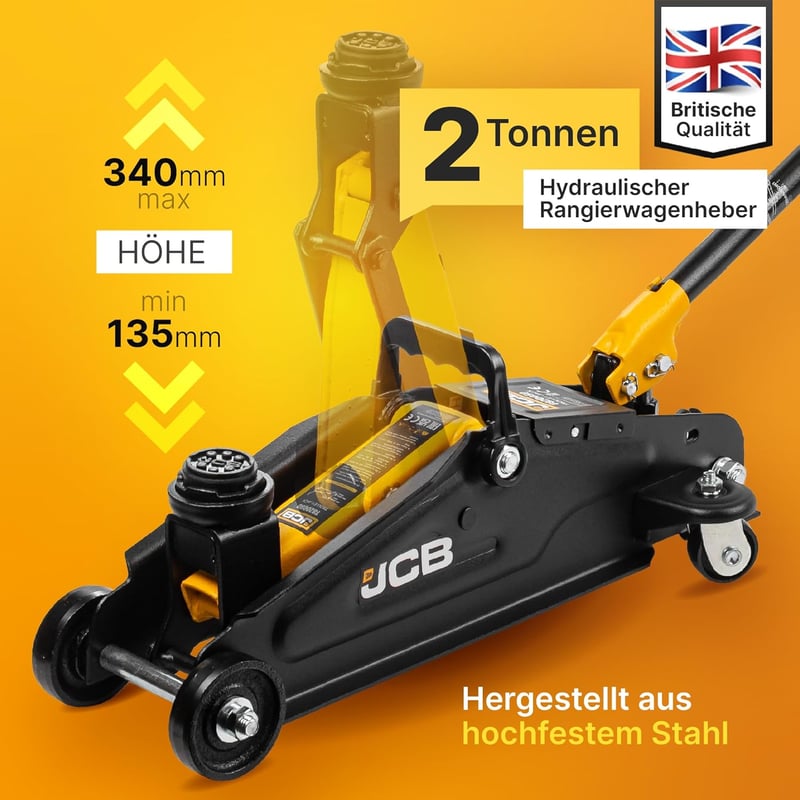 JCB Hidraulikus Emelő Kocsi 2T - Mély Emelő 135-340 mm, 2000 kg Teherbírás, 360° Kerekek, Gumi Védelem, Biztonsági Szelep, Autóemelő