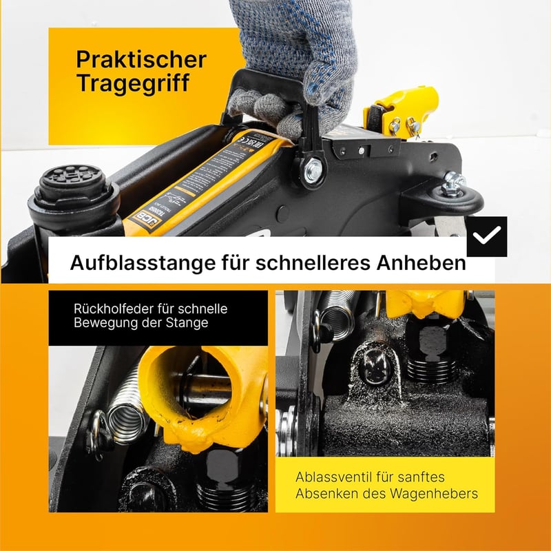 JCB Hidraulikus Emelő Kocsi 2T - Mély Emelő 135-340 mm, 2000 kg Teherbírás, 360° Kerekek, Gumi Védelem, Biztonsági Szelep, Autóemelő