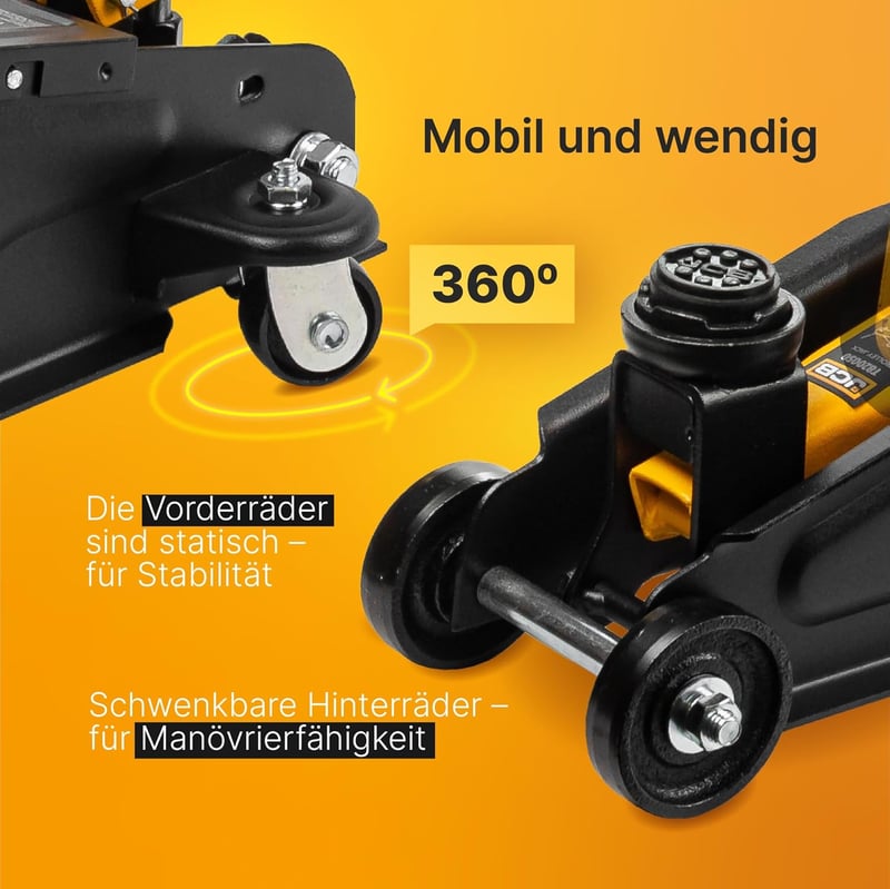 JCB Hidraulikus Emelő Kocsi 2T - Mély Emelő 135-340 mm, 2000 kg Teherbírás, 360° Kerekek, Gumi Védelem, Biztonsági Szelep, Autóemelő