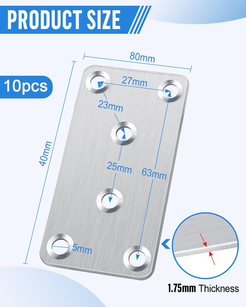 Jeboler 10 db Rozsdamentes Acél Lapos Csatlakozó 80x40mm Fúrt Lemez