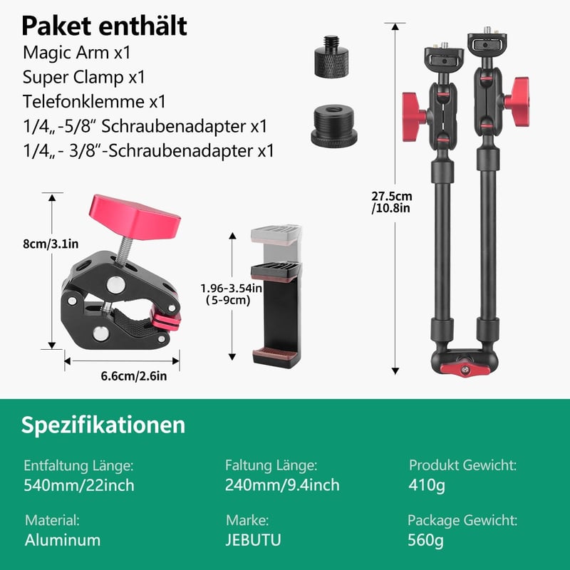 JEBUTU 22 hüvelyk 56 cm Magic Arm szuper bilincses asztali állvány akciókamera webkamera mikrofonhoz piros fekete
