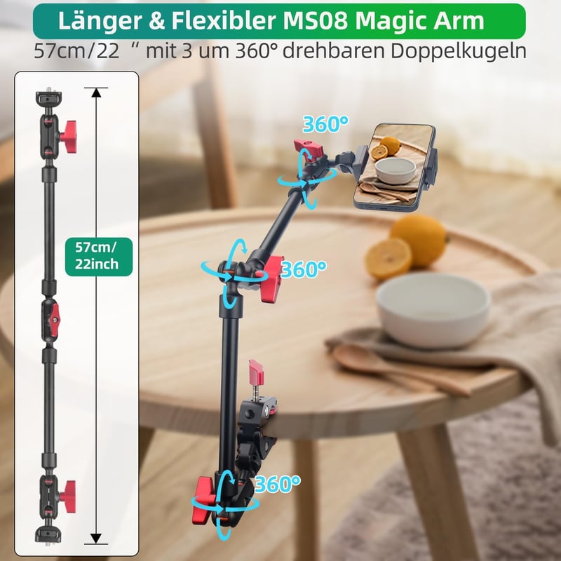 JEBUTU 22 hüvelyk 56 cm Magic Arm szuper bilincses asztali állvány akciókamera webkamera mikrofonhoz piros fekete
