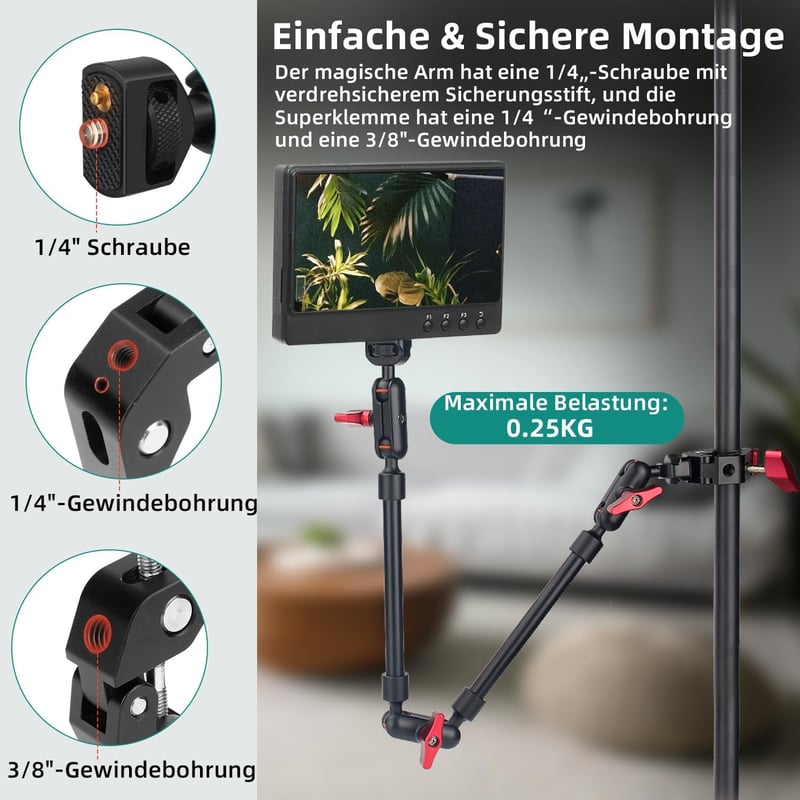JEBUTU 22 hüvelyk 56 cm Magic Arm szuper bilincses asztali állvány akciókamera webkamera mikrofonhoz piros fekete