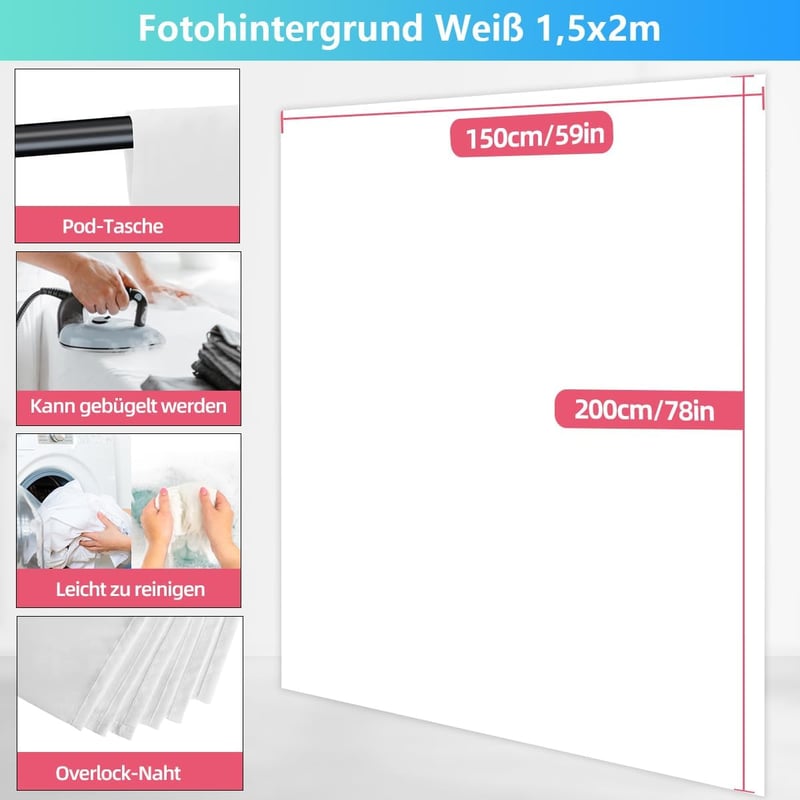 JEBUTU fehér fotóháttér állvány 1,5 x 2 m 5 rögzítő csipesszel streaming fotó videó Zoomhoz háttérlap