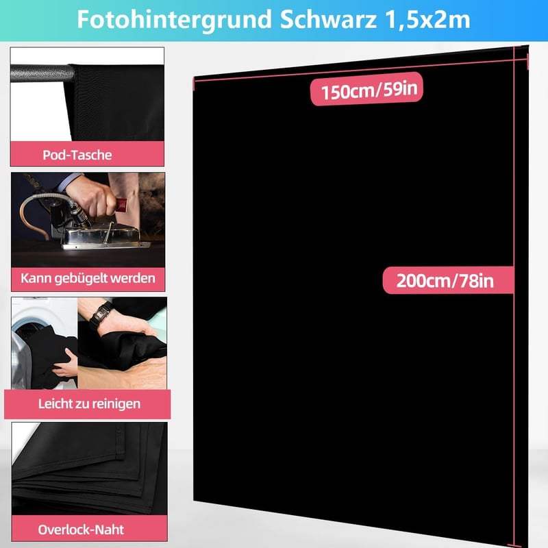 JEBUTU Fekete fotóháttér állvánnyal 1.5 m x 2 m, állítható háttérfal streaminghez 5 rögzítőcsipesszel, Halloweenhez