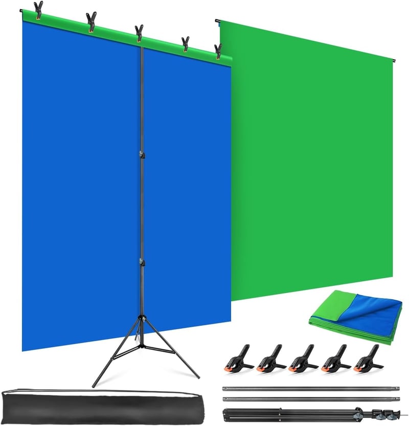 JEBUTU Kék Zöld 2 az 1-ben fotó háttér 1,5 x 2 m állvánnyal és 5 csipesszel, állítható streaming chroma key gaming videóhoz