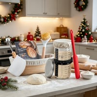 Set de patiserie pentru pâine cu maia Jeensley – Coș dospire oval 25x14x8 cm, borcan pentru maia, racletă pentru aluat, lamă pentru crestarea aluatului și accesorii de copt, ratan 2