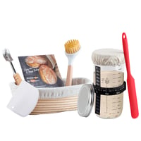 Set de patiserie pentru pâine cu maia Jeensley – Coș dospire oval 25x14x8 cm, borcan pentru maia, racletă pentru aluat, lamă pentru crestarea aluatului și accesorii de copt, ratan 9