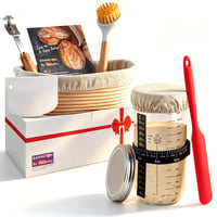 Set de patiserie pentru pâine cu maia Jeensley – Coș dospire oval 25x14x8 cm, borcan pentru maia, racletă pentru aluat, lamă pentru crestarea aluatului și accesorii de copt, ratan 1