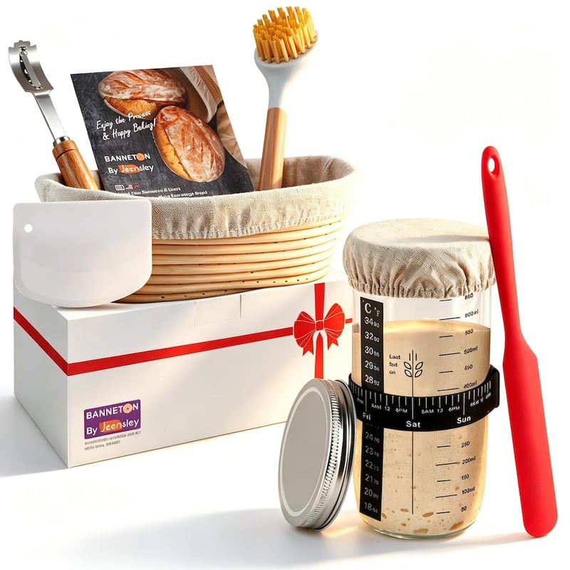 Set de patiserie pentru pâine cu maia Jeensley – Coș dospire oval 25x14x8 cm, borcan pentru maia, racletă pentru aluat, lamă pentru crestarea aluatului și accesorii de copt, ratan