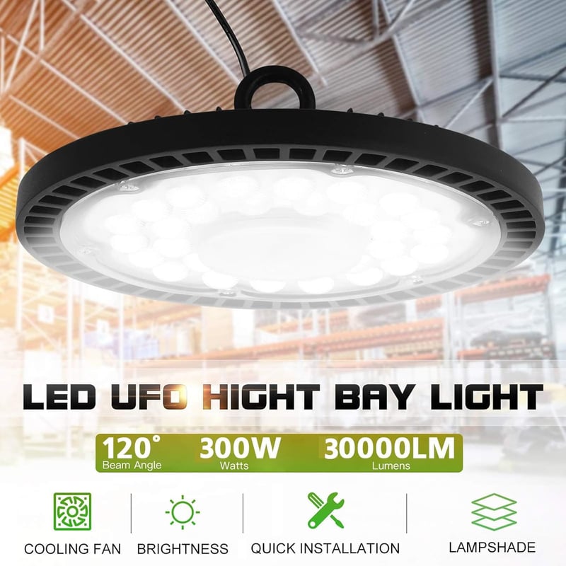 Jefedana 300W LED Ipari Reflektor, 30000LM UFO Műhelylámpa, IP65 Vízálló, 6500K Hideg Fehér Mennyezeti Világítás Műhelyekbe, Gyárcsarnokokba