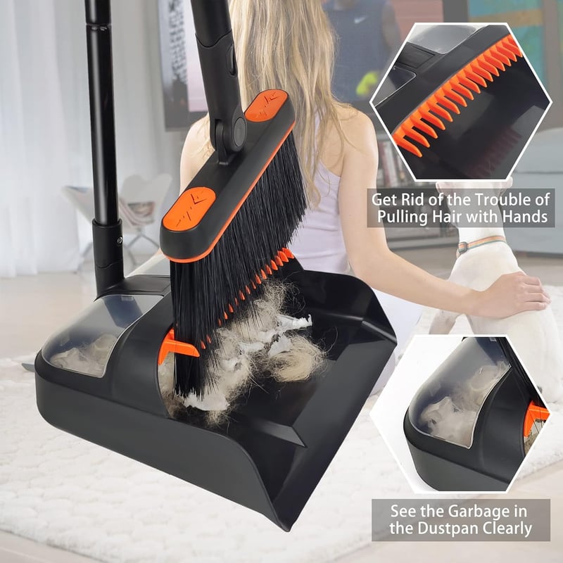 JEHONN Seprű és Lapát Szett Hosszú Nyéllel, 180° Forgatható Söprűvel - Black & Orange