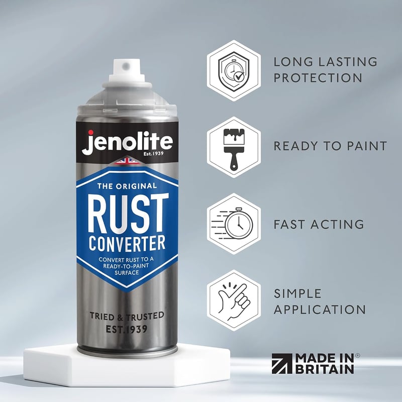 JENOLITE Rozsdaátalakító Spray Fémfelületekhez - Gyorshatású Rozsdagátló és Alapozó Egyben - Festhető Felületet Biztosít - 400ml