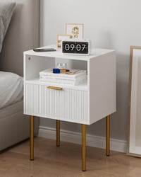 JERX éjjeliszekrény fiókkal és nyitott polccal, tömörfa lábakkal 1