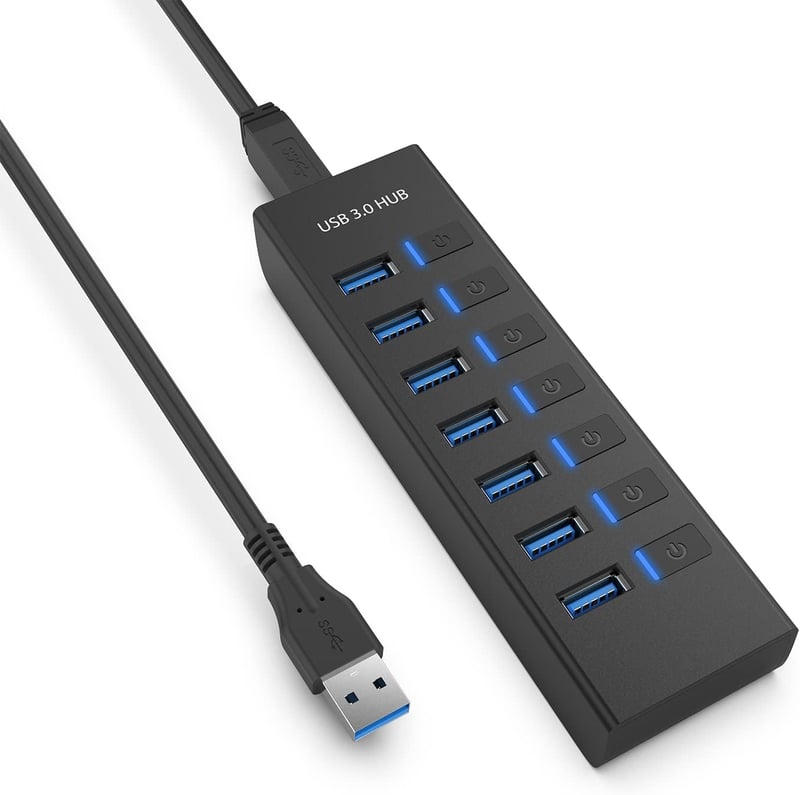 JESWO USB 3.0 Hub 7 Port, 100cm Kábel, Kapcsolóval és LED Kijelzővel