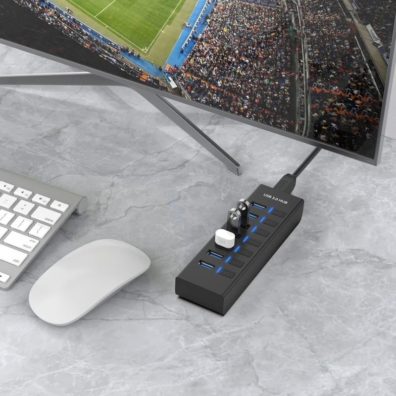 JESWO USB 3.0 Hub 7 Port, 100cm Kábel, Kapcsolóval és LED Kijelzővel
