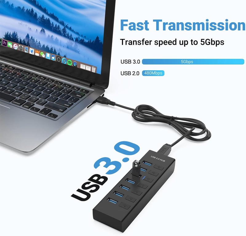 JESWO USB 3.0 Hub 7 Port, 100cm Kábel, Kapcsolóval és LED Kijelzővel