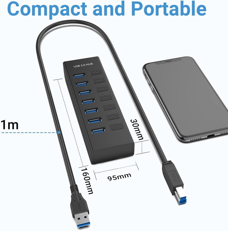 JESWO USB 3.0 Hub 7 Port, 100cm Kábel, Kapcsolóval és LED Kijelzővel