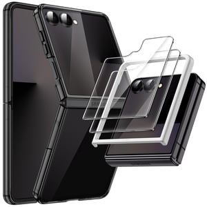 JETech 3 u 1 maska za Samsung Galaxy Z Flip 7, crna, sa zaštitnim staklom za ekran, kristalno čistim PC tvrdim oklopom, zaštitna maska otporna na ogrebotine