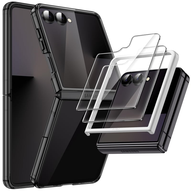 Obal JETech 3 v 1 pre Samsung Galaxy Z Flip 7, čierny, s tvrdeným sklom na ochranu displeja, kryštálovo čistým tvrdým PC obalom, ochranné puzdro odolné proti poškriabaniu