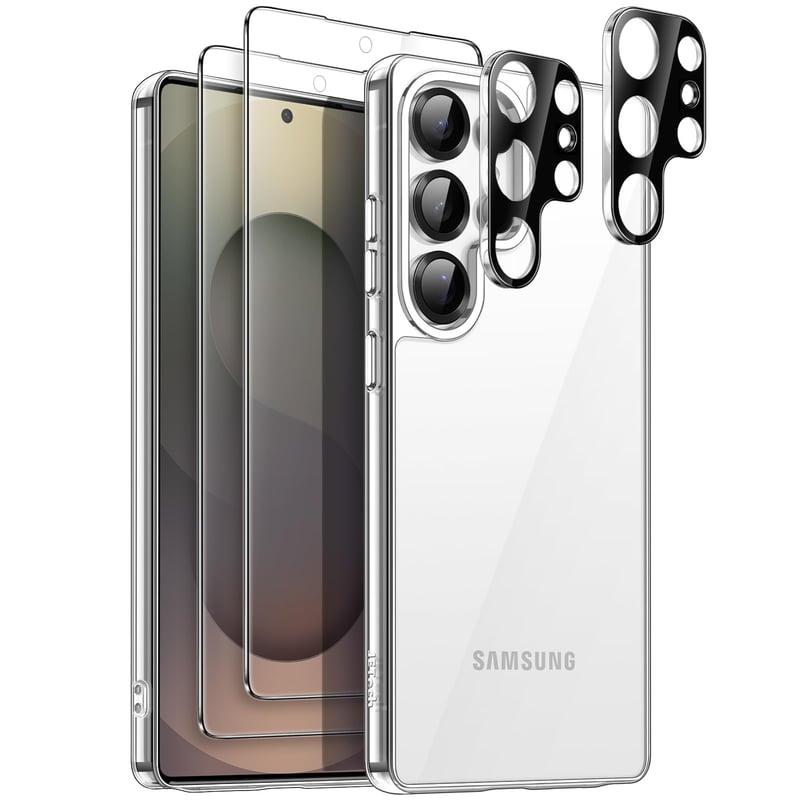 JETech puzdro 5 v 1 pre Samsung Galaxy S25 Ultra 5G, priehľadné, odolné voči žltnutiu, 2 ochranné tvrdené sklá na displej, 2 kryty na šošovky fotoaparátu