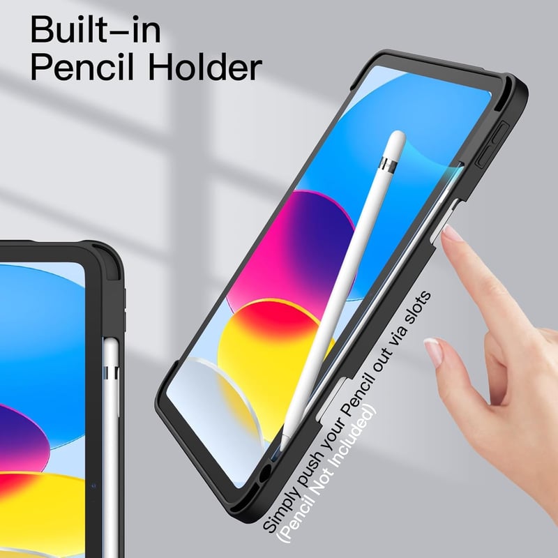 JETech iPad 11. 10. generáció tok ceruzatartóval, ütésálló védelem, állvánnyal - black