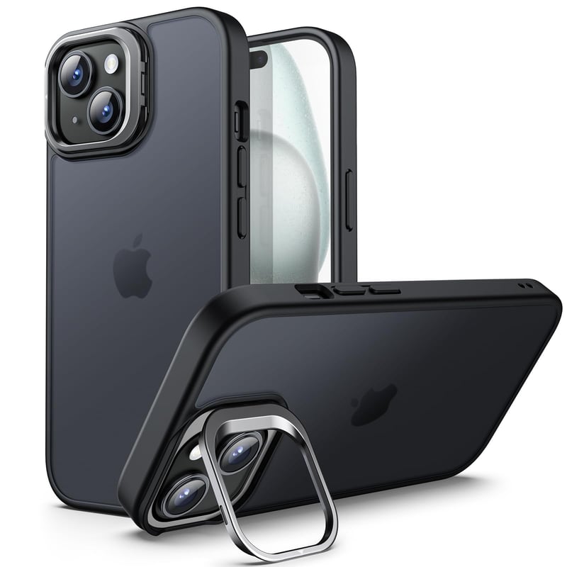 JETech puzdro na iPhone 15 Plus so stojanom, čierne - ochranný zadný kryt so zabudovaným stojančekom