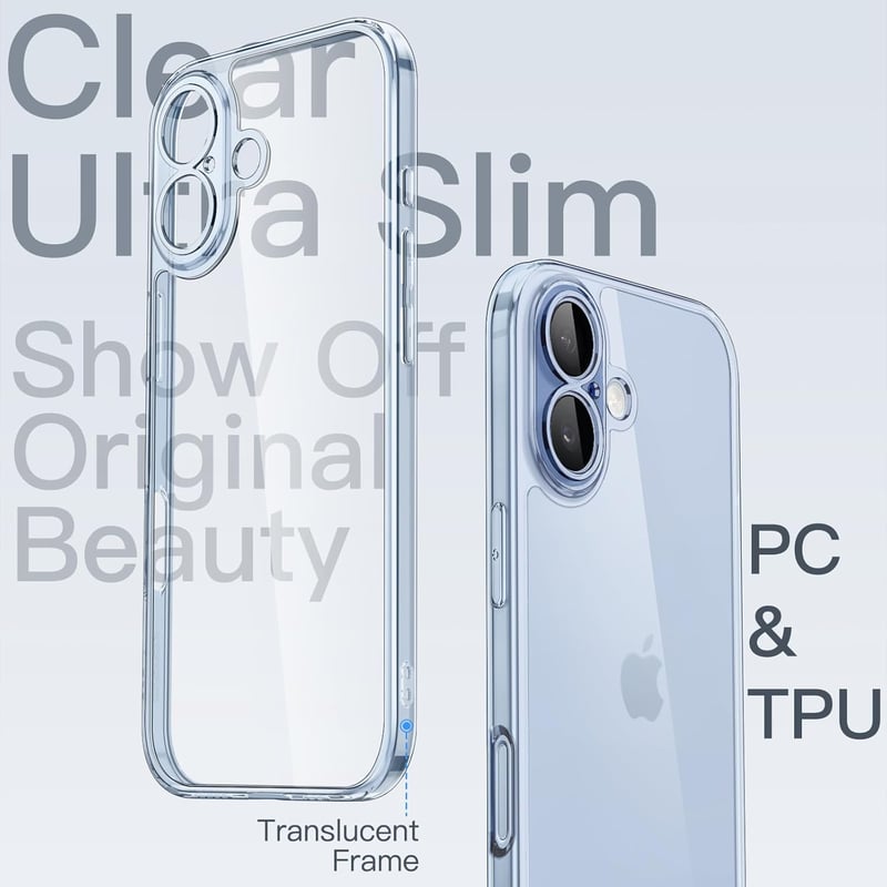 JETech iPhone 17 6.3" vékony tok kamera védelemmel, átlátszó minimalist hátlap Mist Blue - iPhone 17, Mist Blue