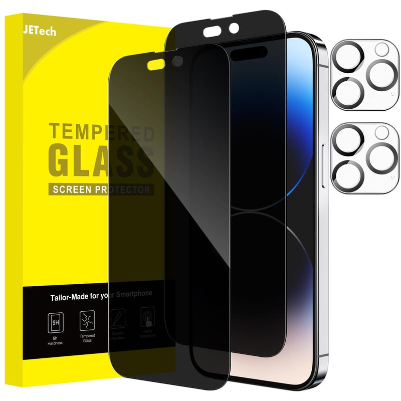 Ochranné sklo na displej JETech s funkciou súkromia pre iPhone 14 Pro, tvrdené sklo s 28° ochranou proti nahliadnutiu a ochranou fotoaparátu - 2 ks