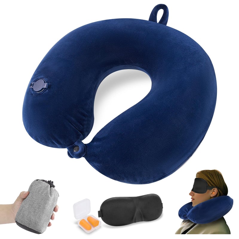 Nafukovací vankúš na krk JetsCush do lietadla, so spánkovou maskou a štupľami do uší, kompaktný cestovný vankúš do lietadla, vlaku, kancelárie, modrý