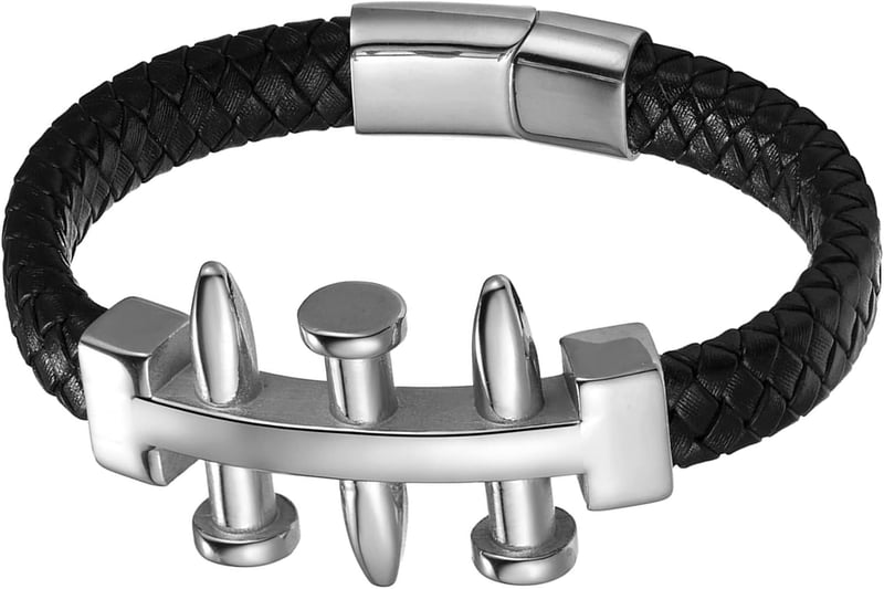 JewelryWe Férfi fekete fonott bőr karkötő punk szegecsekkel rozsdamentes acél mágneses csattal fekete arany ezüst