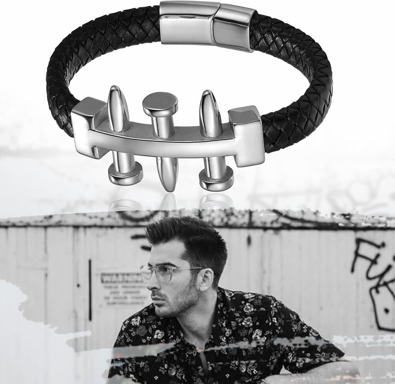JewelryWe Férfi fekete fonott bőr karkötő punk szegecsekkel rozsdamentes acél mágneses csattal fekete arany ezüst