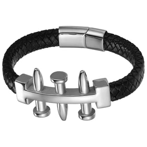 Pánsky pletený kožený náramok JewelryWe v punkovom štýle s nitmi a magnetickým zapínaním – čierno-zlatý-strieborný