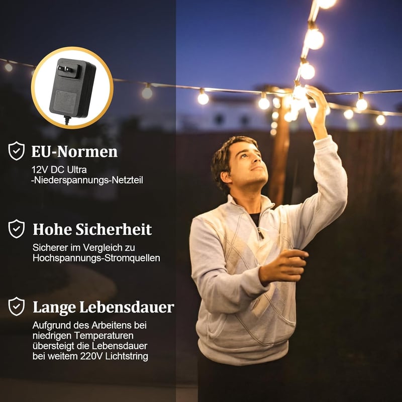 JEYMORKEY 30m LED kültéri fényfüzér távirányítóval, vízálló dimmelhető kerti világítás