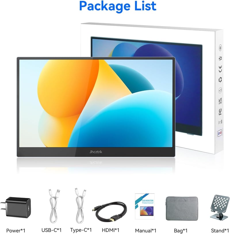 Jhcztrk 15.6" hordozható monitor Full HD 1920x1080 USB-C laptop PC Mac PS5 állvánnyal