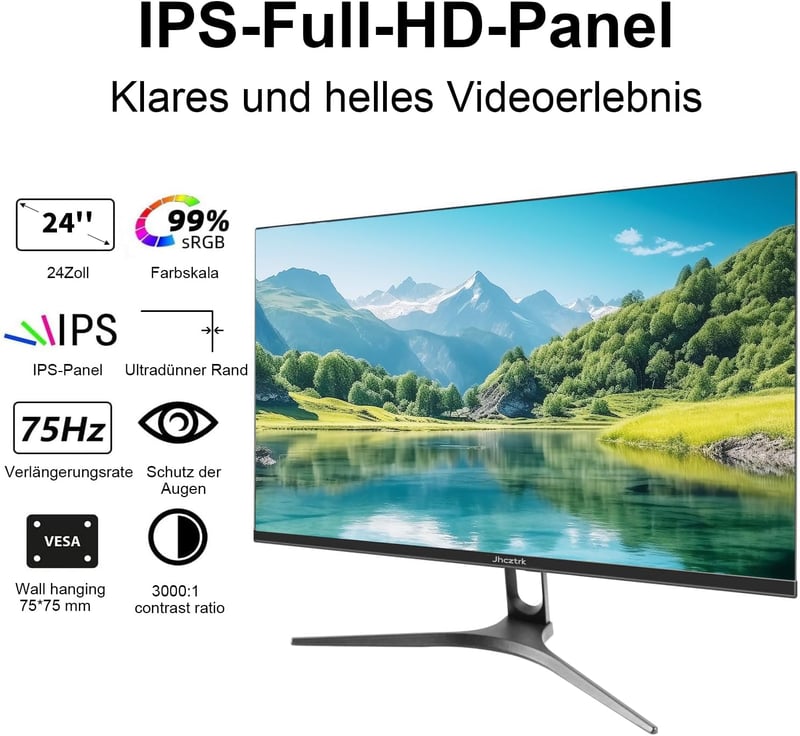 Jhcztrk 24 hüvelykes Full HD IPS PC gaming monitor 75Hz HDMI VGA bezelless LED, VESA fali rögzítés kompatibilis