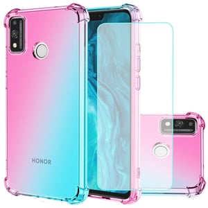 Husă Jhxtech pentru Honor 9X Lite 6,5" cu folie de protecție din sticlă securizată (2 buc.) - Husă de protecție subțire din TPU, rezistentă la șocuri, degrade transparent roz/verde