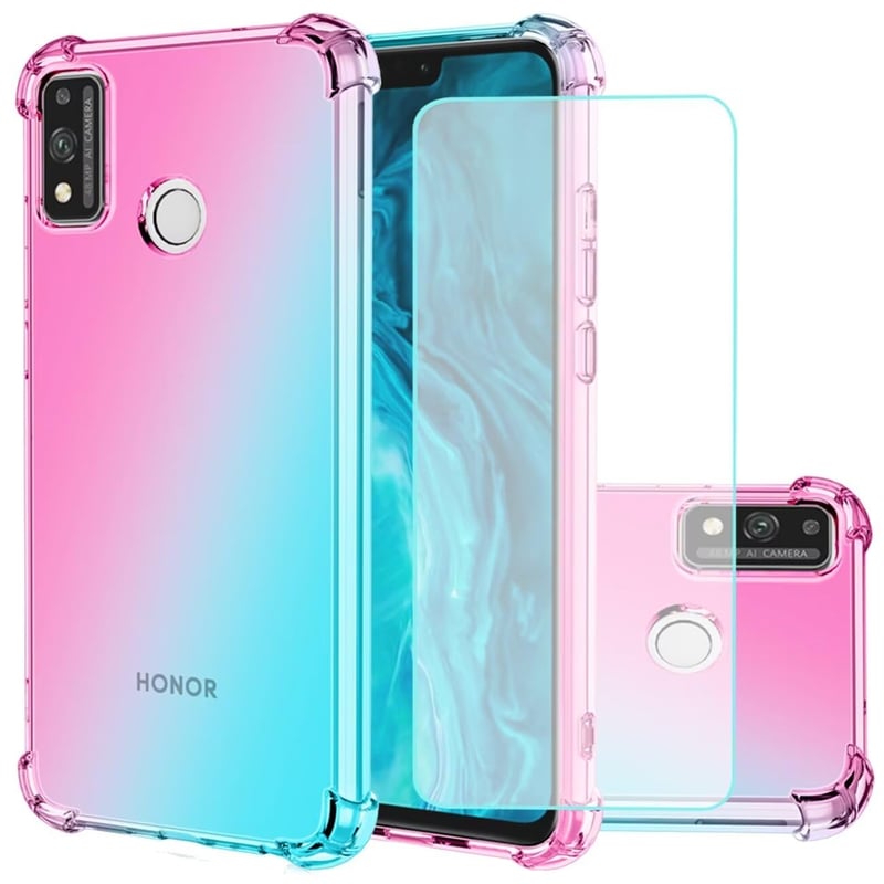 Husă Jhxtech pentru Honor 9X Lite 6,5" cu folie de protecție din sticlă securizată (2 buc.) - Husă de protecție subțire din TPU, rezistentă la șocuri, degrade transparent roz/verde