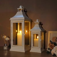 JHY DESIGN 2 darab fehér fém vintage függős gyertyás lámpás torony 50 cm és 33 cm kültéri beltéri kert terasz esküvő 4